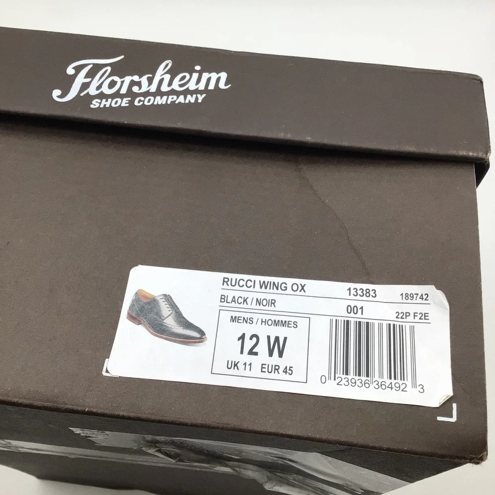 Florsheim Rucci Mens Black Leather Wingtip Oxford Shoes 13383-001 Size 12 W NEW